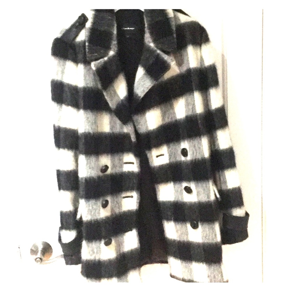 Leather and wool buffalo plaid mackage coat